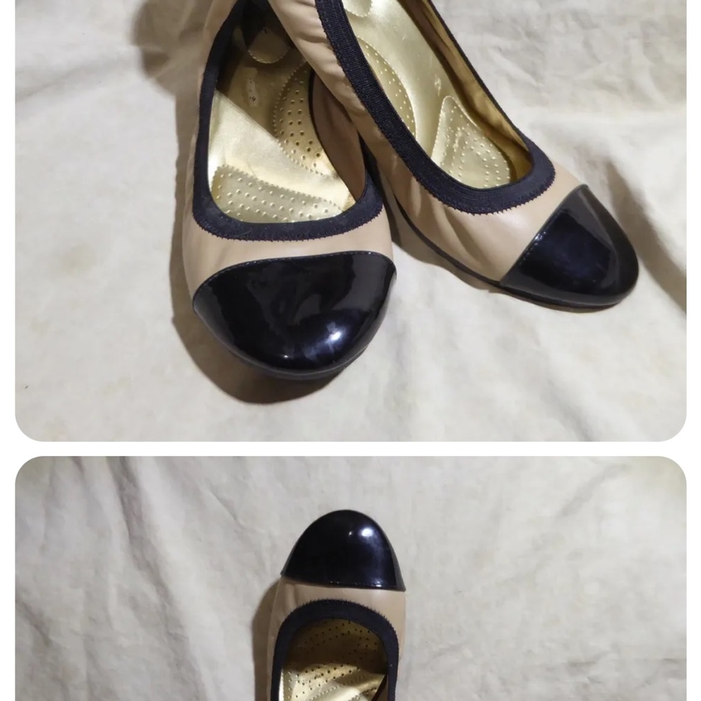 Woman size 10 Deflex tan s as Ned black ballet shoes with comfort wedge